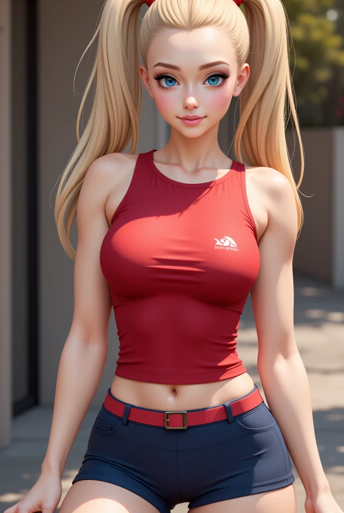 A fit young woman in her 20s wearing a bright red sports bra and black leggings. She has long, straight blonde hair tied in a high ponytail. Her expression is determined, huge boobs,she is walking