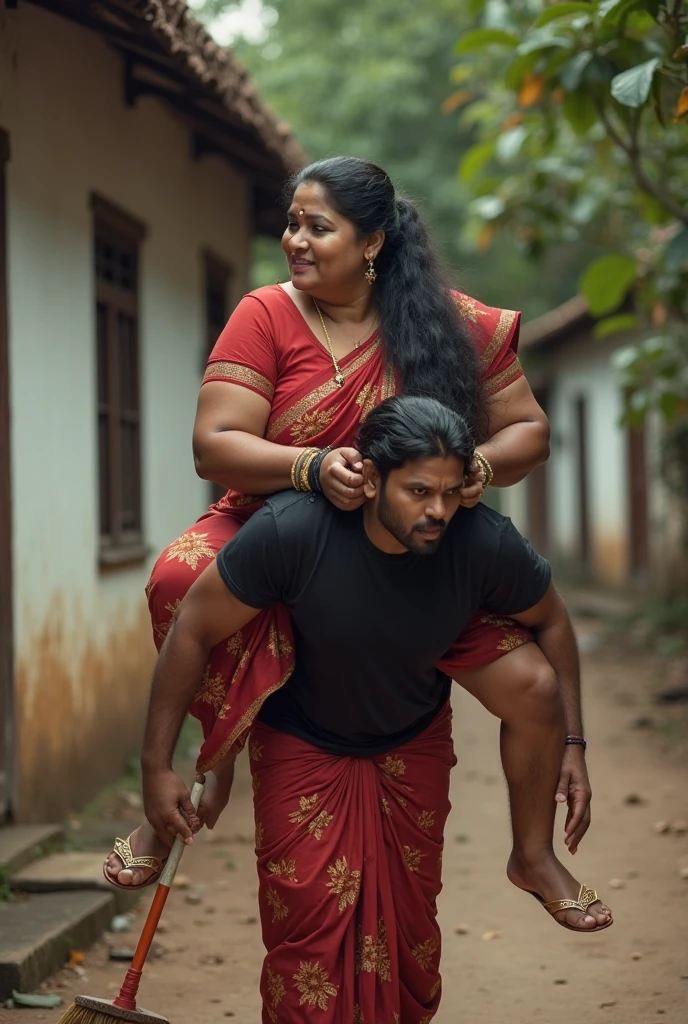 Indian actress with dark skin lifting a large chubby man high above her head with her strong arms. Photorealistic. Wide angle. Farmhouse in the background, natural smile