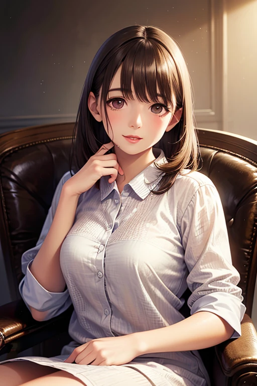 raw photo, 1girl, cute face, beautiful face, medium breast, collared blouse, White blouse, light smile, detailed skin, simple background, Above the knee, sit on a chair, photorealistic, masterpiece, best quality, anatomically correct