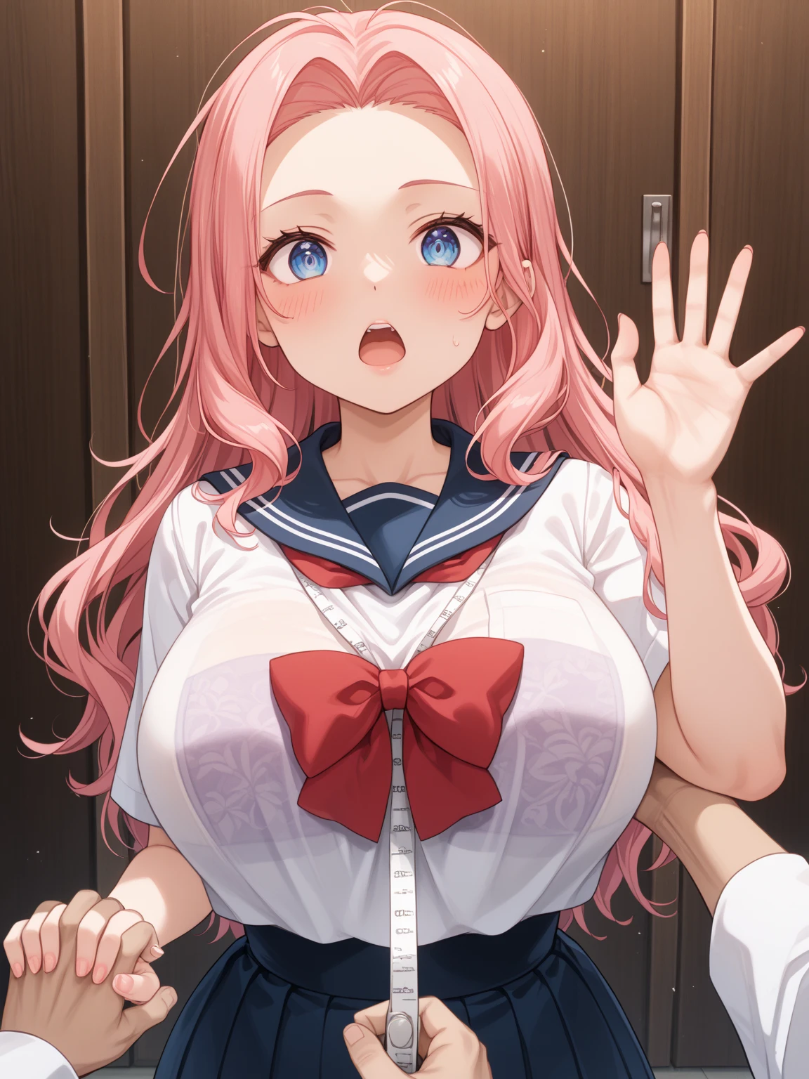 Ultra quality, detailed, noticeable muscles, bangs, pink hair, long hair, big ass, big bust, pussy, nipples, marked collarbone, navel,(penis cover face), naked, CUM on face, nino nakano, quintuplets, anatomically correct, textured skin, masterpiece, super detail, 4K, 1boy, penis, dick, boy with penis,(pensó cover girls face)