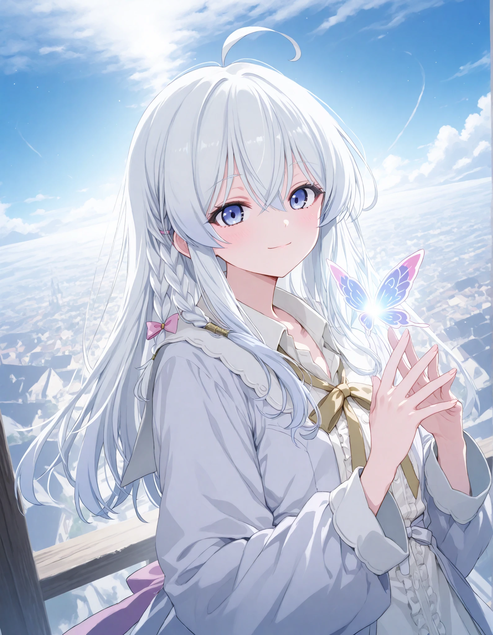 Elaina from majo no tabi tabi, Clear white hair，The tips of the hair are，Wearing milky super light blue ，Light blue eyes，Very cute sweet girl，Beautiful fingers，