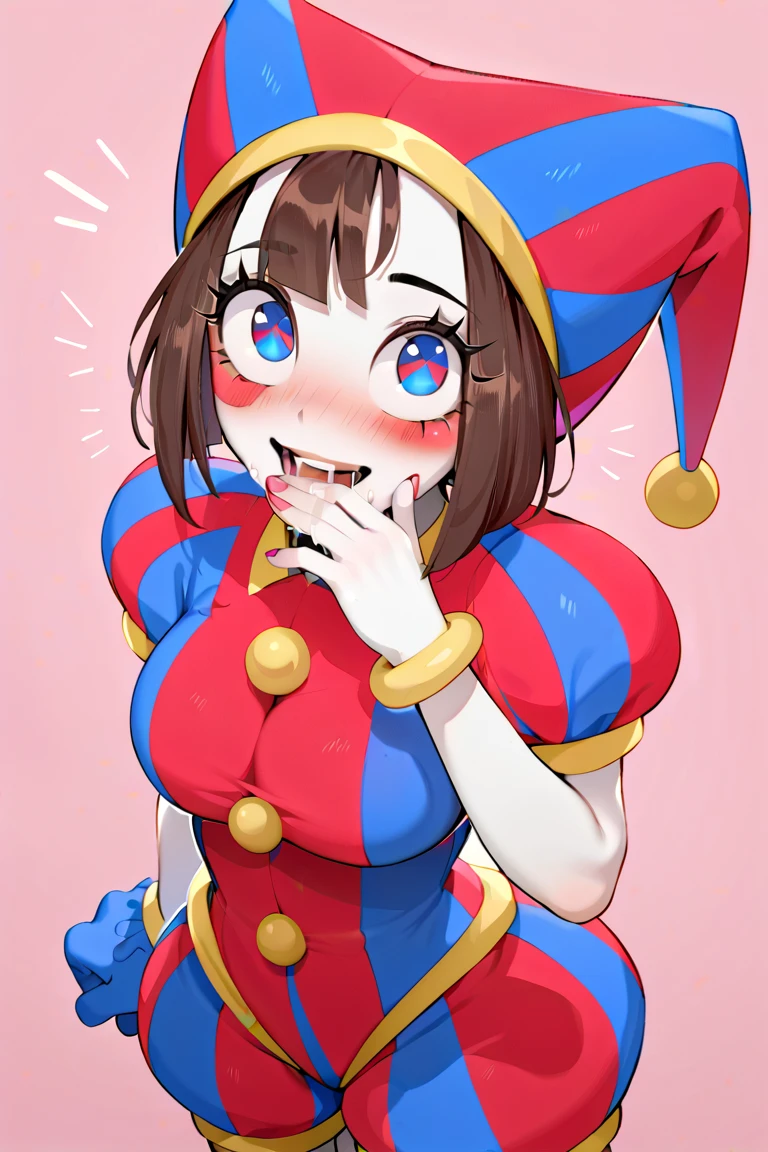 Score_9,score_8_up,score_7_up,solo,1girl,half-closed eyes,rolling eyes,open mouth,big breasts,cleavage,curvy,smile,blush,ahegao,fellatio gesture,cartoonized,gradient background,blue eyes,red eyes,mismatched eyelashes,blush stickers,pale skin,clown,jester cap,multicolored headwear,puffy sleeves,short sleeves,blue_gloves,red_gloves,