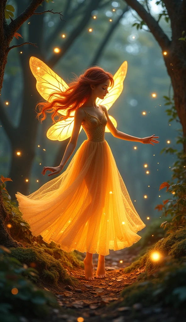 Fairy in the forest holding a candle with beautiful landscape behind and sunset