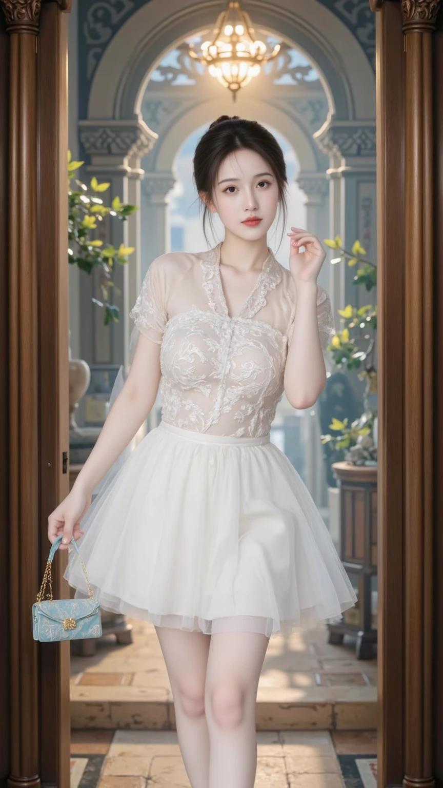 A woman with a beautiful girl々Create a new, whole body, A short sheer dress for、For girls, remove the low-cut see-through blouse and mini skirt., I'm looking forward to both, The boy is kissing her breast, Make it look realistic