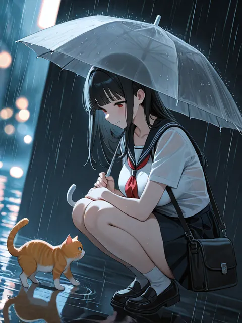 猫和女孩在雨中