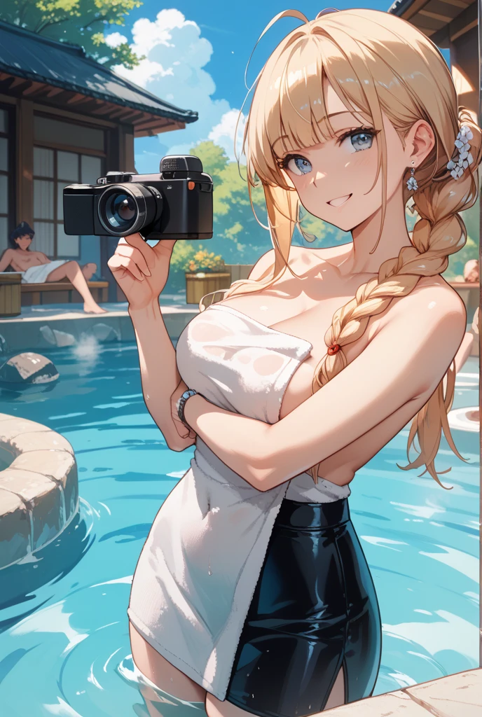 Woman in bikini looking at camera and showing a boob