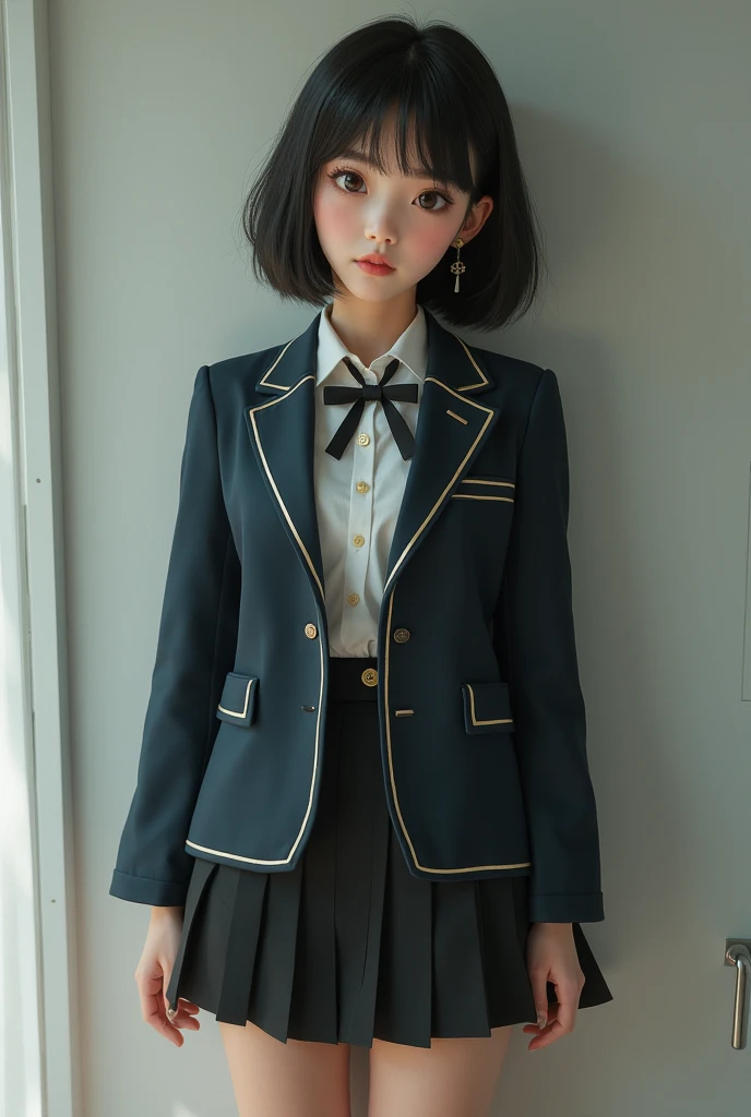 (Highest quality), (Beautiful 14 year old Japanese girl), (Moisturized lips), Narrow eyes, double eyelid, Delicate clavicle, Flat Chest , underdeveloped udder, smile, (Spotted sunlight: 1.2), Professional Lighting, (Petite figure), (Sunburned skin: 0.2), Full body photo, Full Body Focus, (Crouch down)、A fine honor student、Slender body、(Blazer school uniform:1.5)、Boyish ultra-short hair、Stylish white bedroom、Ribbon on chest、Sweep all your hair back、Completely naked、Lift up your skirt with both hands、You can see inside her skirt、Completely naked、exhausted look、Slightly parted lips