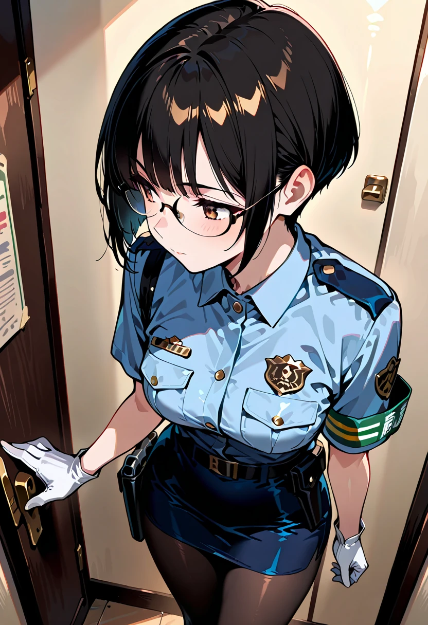 <lora:ultimaComics:1> (gorgeous police officer) young woman, black american, dark eyes, dark skin, dark skin, light brown eyes, curvy build, brown hair, wearing Deep burgundy uniform with a collared shirt, pleated skirt, police cap, black flats, set in public Toilet, Simple, utilitarian design with linoleum flooring, stainless steel partitions between stalls, basic white porcelain toilets, wall-mounted soap dispensers, paper towel holders