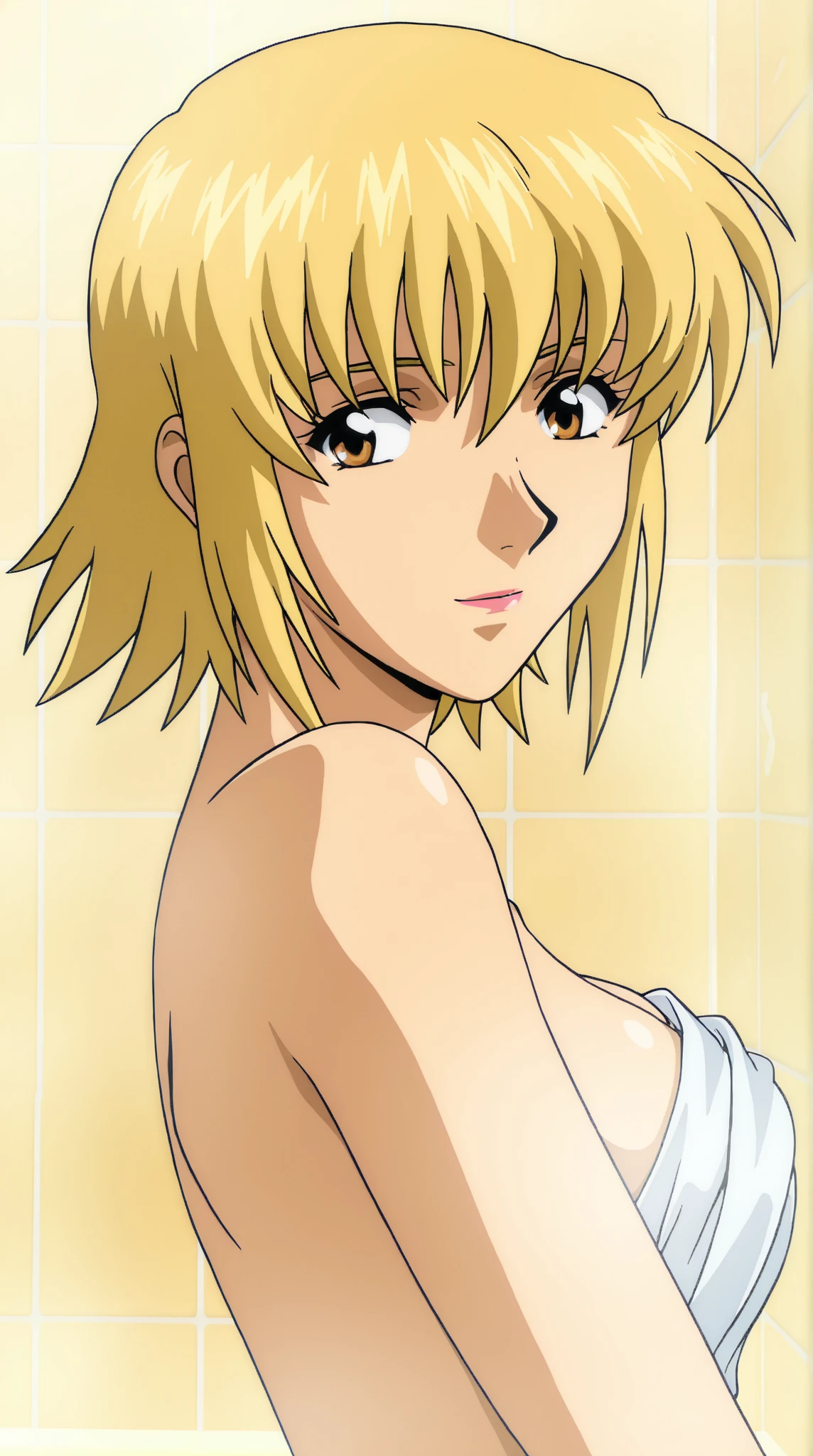 (masterpiece, best quality), 1girl, Golden Blonde Braided Chignon with Hair Chain, Sizes I to L breasts, <lora:yamashita_toshinari:1>
