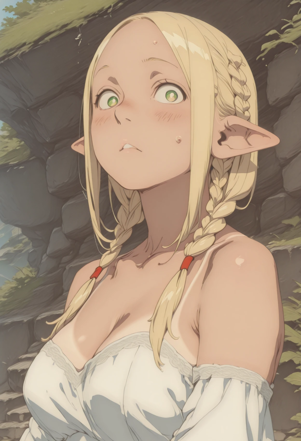 In Yusuke Murata style, Hold the pose, but draw with flat colors, cel shading, limited color palette and simplified lighting. a sexy girl  . corpo sexy, green eyes, hair blonde, Eleven .
