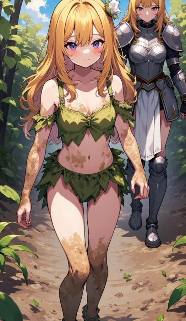 (tan skinned giantess), poor clothing, adventurer clothing, (2girls:1.5), (height_difference:1.8), (size_difference:1.1), a tiny woman below the breasts of a giantess, forest background, simple background, (miniature woman far away from a giantess womans legs: 1.1), super cute girl, tall, cute girly dress, (closeup breasts and face), touching each other