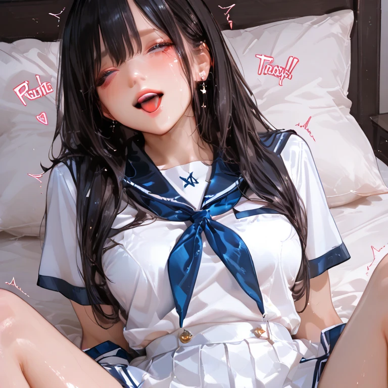 1 woman, HD quality, (solo:1.9), (ahegao:1.5), (orgasm:1.6), (drooling:1.3), smile, steam, (sheer white long thigh-high socks:1.5), (sheer white satin long gloves:1.3), (glowing eyes), best ratio four finger and one thumb,  (Open legs:1.7), (Large breasts), cleavage, (sitting on a bed with one knee up:1.6), (Green eyes:1.3), (Crop Top white shirt:2.0), (Micro thong:1.5), (under boob:1.7),  (Sailor uniform only for the upper body:1.5), (white short shirt), blue sailor collar, (Navel), (black high-heeled shoes:1.5), (red ribbon tie:1.1)