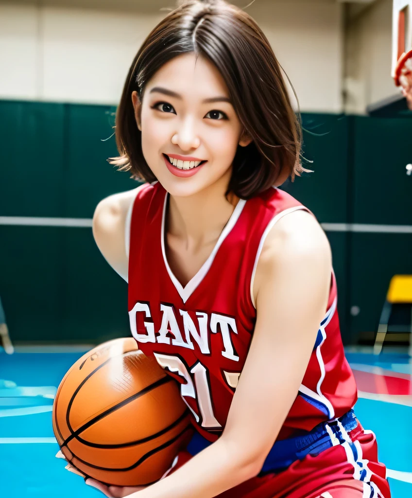 wearing basketball  jersey, huge tits, ponytail, smile, japanese mature woman, black hair, squatting and leg spread near the hoop, exposed breast, exposed nipple, puffy nipple,visible nipple, super tits, nsfw, super detail face