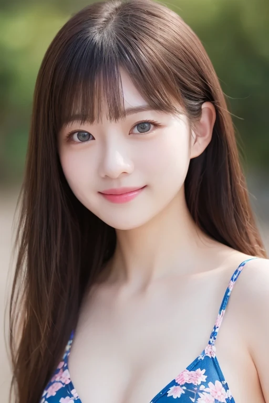 realistic 8K pictures(photorealistic)。(Beautiful girl)、Blonde、Blue Eyes、natural makeup、innocent smile、Transparency。taken from the front、pastel pink lace bikini(Floral)、gravure。(High Quality、high definition、masterpiece)。