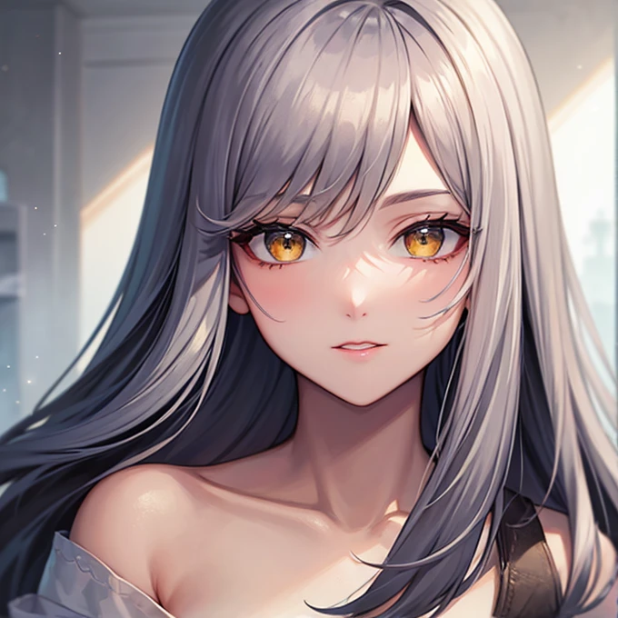 cute, ultra-detailded, illustration, intrikate, detailded, extremely detailded, detailded face, smooth lighting, smooth light, softfocus, face perfect, comely, Accurate anatomy, overexposure, 8k, 4K, (high resolution:1.1), best qualityer, (work of art:1.3), 1 girl, standing alone, jewerly, eyes browns, looking ahead at viewer, aretes, ashen hair, bangss, choker, cloused mouth, portraite, to attend, hair ornament, simple background, fundo cinza, long hair, head rest, lips, hair 弓, black choker, 弓, eyelash