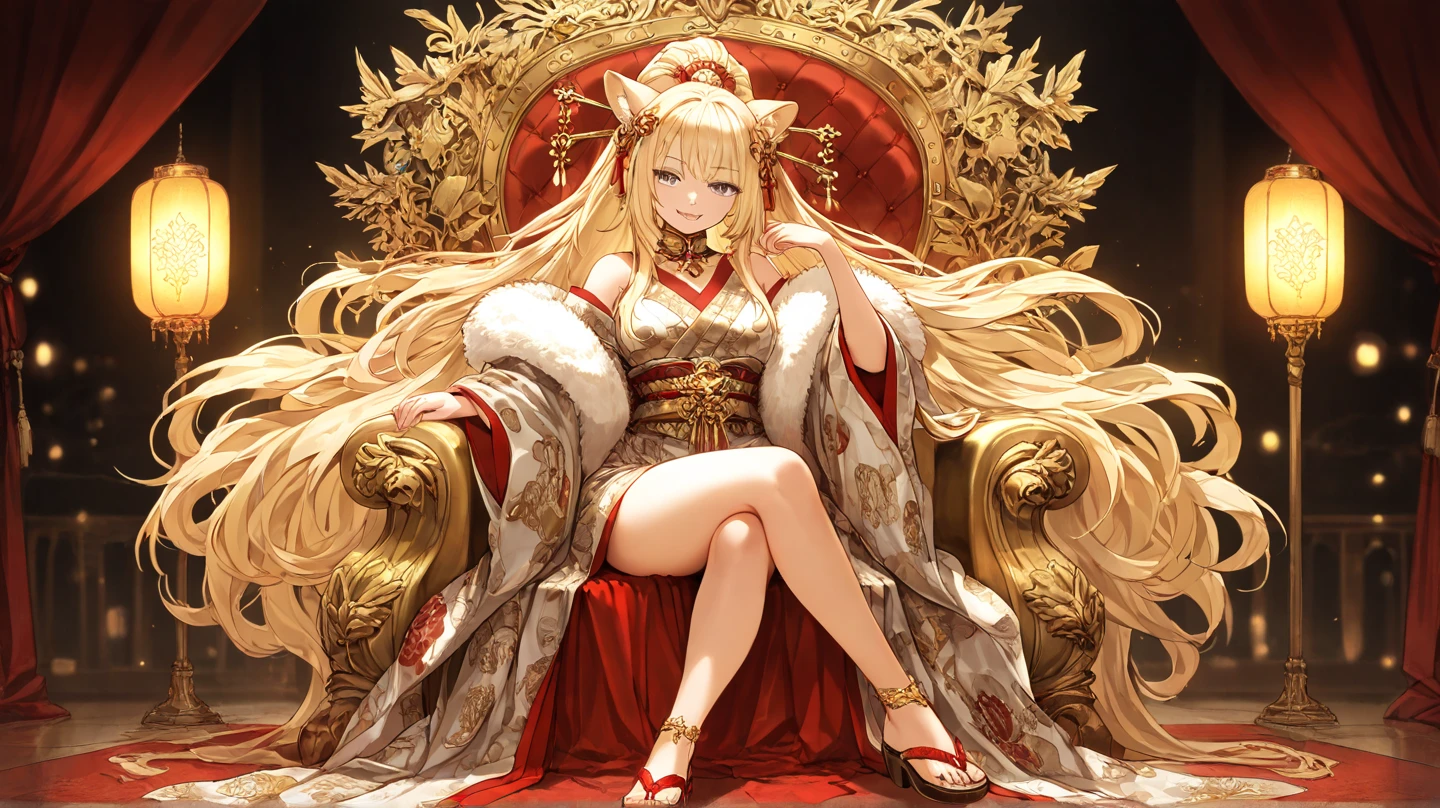 (top-quality、tmasterpiece、Very high resolution、super high image quality、High-quality pixels),Empress, revealing dress, revealing breast, ((heterochromia)), ((red left eye)), ((blue right eye)), Dominant,arknights,Rosa (arknight),White bear ears, polar bear girl,heterochromia,Queen,Large breast,Official art,LONG hair,Looking at viewer,teasing, throne, ornate throne, royal throne, Sitting on throne, ssmile,1girl, highly detailed background, long hair, detailed eyelashes, royal dress, royal crown, big crown, wearing crown, jewelry,full body, royalty,