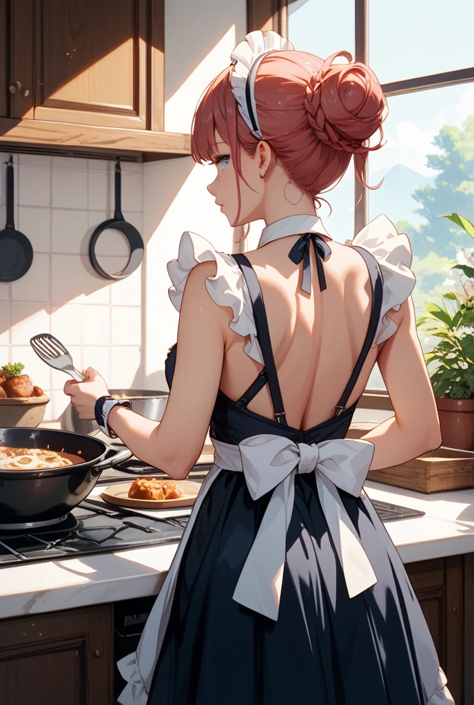 (NSFW), (A woman with red hair, long and wavy, adorned in a black apron), (She leans against the counter, gazing intimately at the viewer), (The kitchen, filled with the aroma of freshly baked cakes and pies, serves as the backdrop), (Indoor setting with dim lighting, creating a sense of intimacy), (Calm tone: 1.0), (High resolution: 1.25), (Art Station: 1.2), (Dramatic lighting highlights her tattoos and the intricate details of her features), (Intricate details: 1.14), (Ultra-realistic