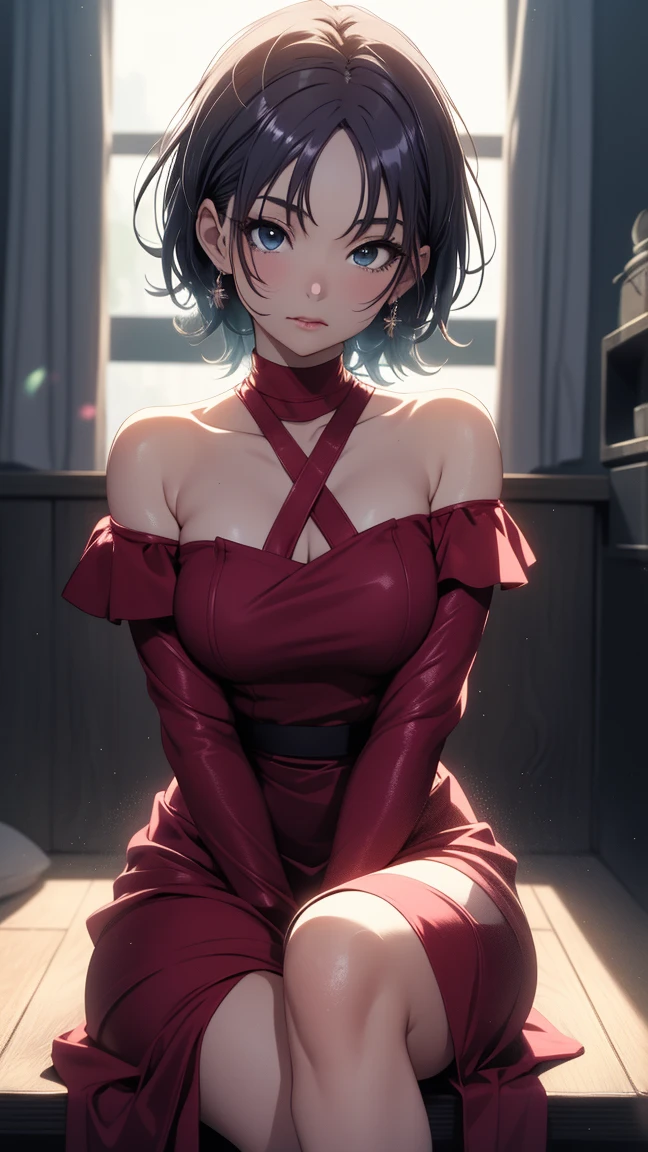 bedroom、milf, beautiful woman、(sweat,steam, Vulgarity), (off shoulder、??????????? long sweater maxi dress)、big cleavage、Sticky clothes、(full shot, long hair), ((red makeup、Pink shiny lipstick))、long shot, Beautiful depiction、detailed person、detailed background、high quality people、High-quality faces、Ultra High Definition Animation、(beautiful black hair)、ponytail、earrings、clavicle、I can see your chest、((((((sweat))))))、wet, loose, fast, slovenly, untidy, messy, 
gooey、(((Maxi dress seducing slut showing off her obscene body line))), 
chattering, prattling, gooey, messy、((((sensually)))))、dark room、room without lights、curtains closed、lights out、dim、Open legs in bed