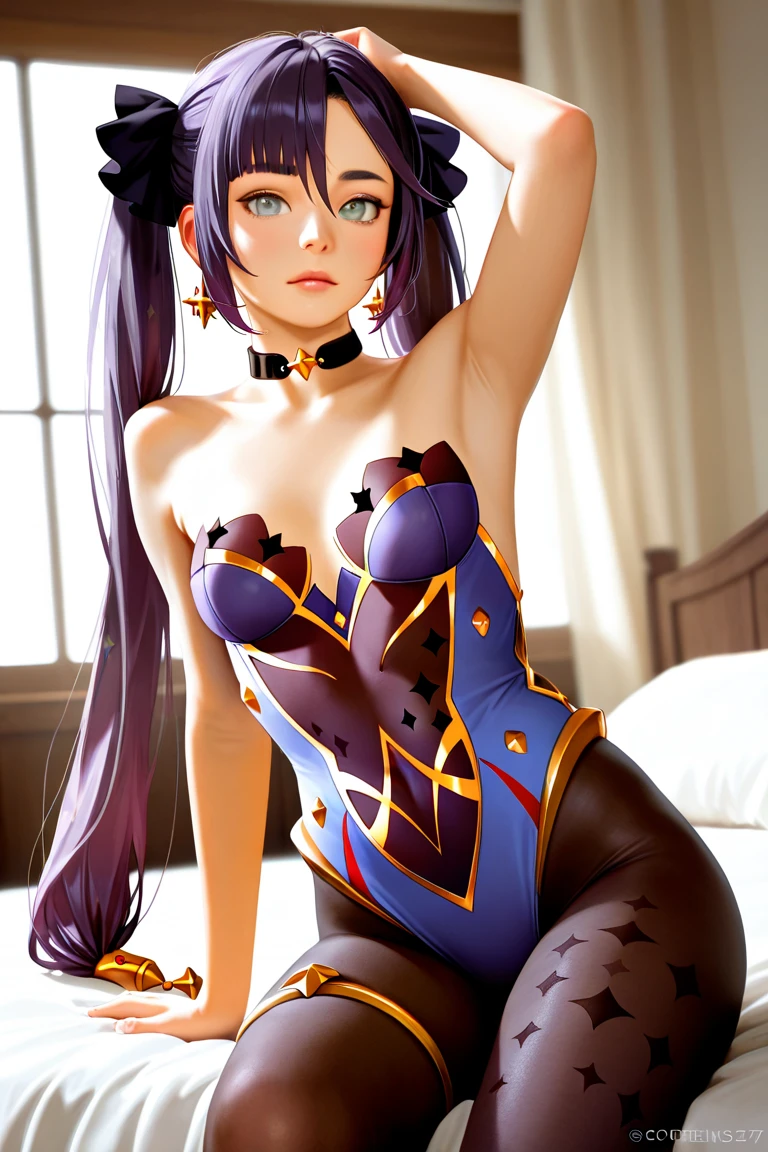 UHD,textured skin, high details, anatomically correct,SOLO,(1 Female,big oppai),(brown hair)(twintails:1.7),(Wearing A see-though One-piece stockings:1.4),(Wearing blue long gloves:1.7),(Spreading legs:1.7),(Lying on the Lux bed:1.7),(The royal classic room:1.7),(hands behind her head:1.7),(sweating skin:1.7),(full blush:1.4),(Genshin Impcat/Mona)
