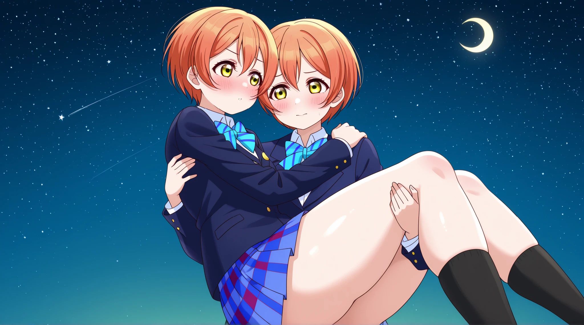 1girl, hoshizora rin, striped, short hair, blush, otonokizaka school uniform, lovelive_rin black blazer, blue plaid skirt, blue stripe bowtie, orange hair, very short hair, hair between eyes, yellow green eyes,thick thighs,knee up,crescent moon, stars (sky),pov,princess carry,infirmary