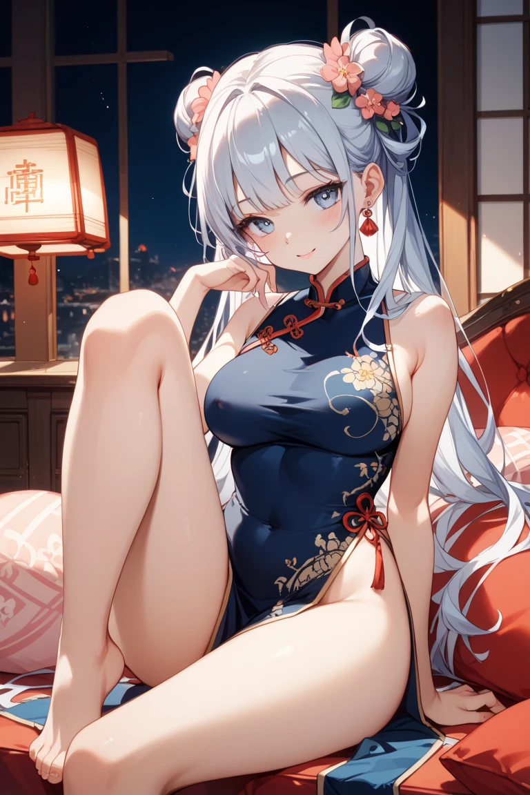 Silver Hair、Blue Eyes、girl、Small breasts、Twin tails、girl、Small breasts、Lolita、Bright smile、Looks about 15 years old、Petan Musume、short、目のhighlight、Sexy thighs、Wearing china clothes、Your eyes are so beautiful、highlight