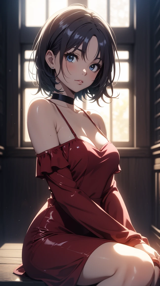 (8K HDR photorealistic pic), Betty Boop, short, althetic, curvy lady, ((tight little red dress)), dark eyebrows, black lipstick, (hoop earrings), dark eyeshadow, black lipstick, curvy, busty, (curly short black hair), shortstack, (retroussé breasts), darling figure, (supple pouting breasts), firm thighs, hourglass figure, kerchief, big brown eyes, dancing seductively