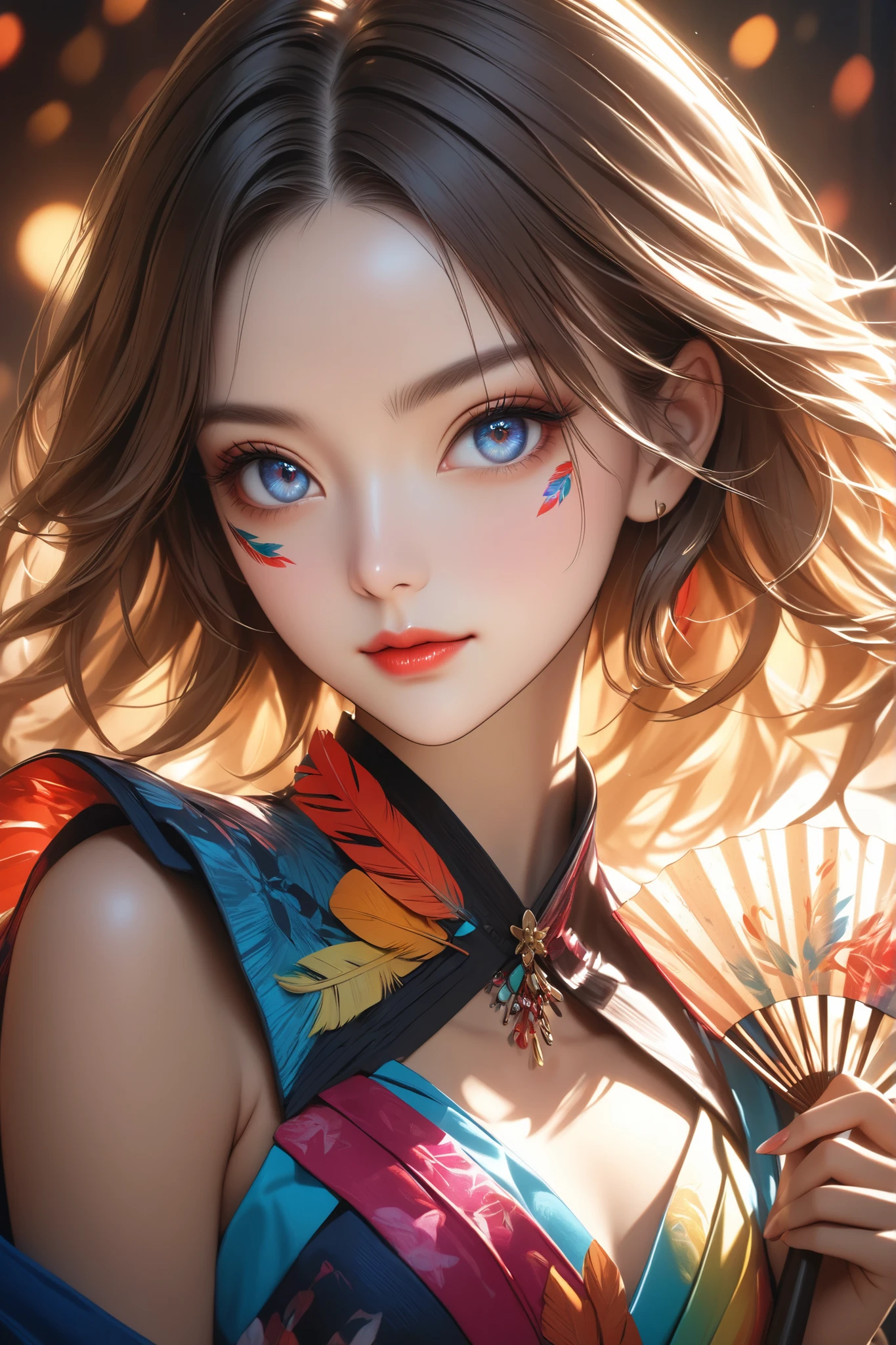 an adult woman, solo, wearing colorful, attractive posing, staring at you, detailed face, soft and smooth fine hair,
soft and firm skin, beautiful legs,
holding a fan with feathers with her hand,
detailed portrait of a young adult female with striking facial features,
vibrant and dynamic outfit,
alluring gaze directly at camera,
dramatic lighting, cinematic composition,
warm color palette,
photorealistic, highly detailed, 8K, professional quality