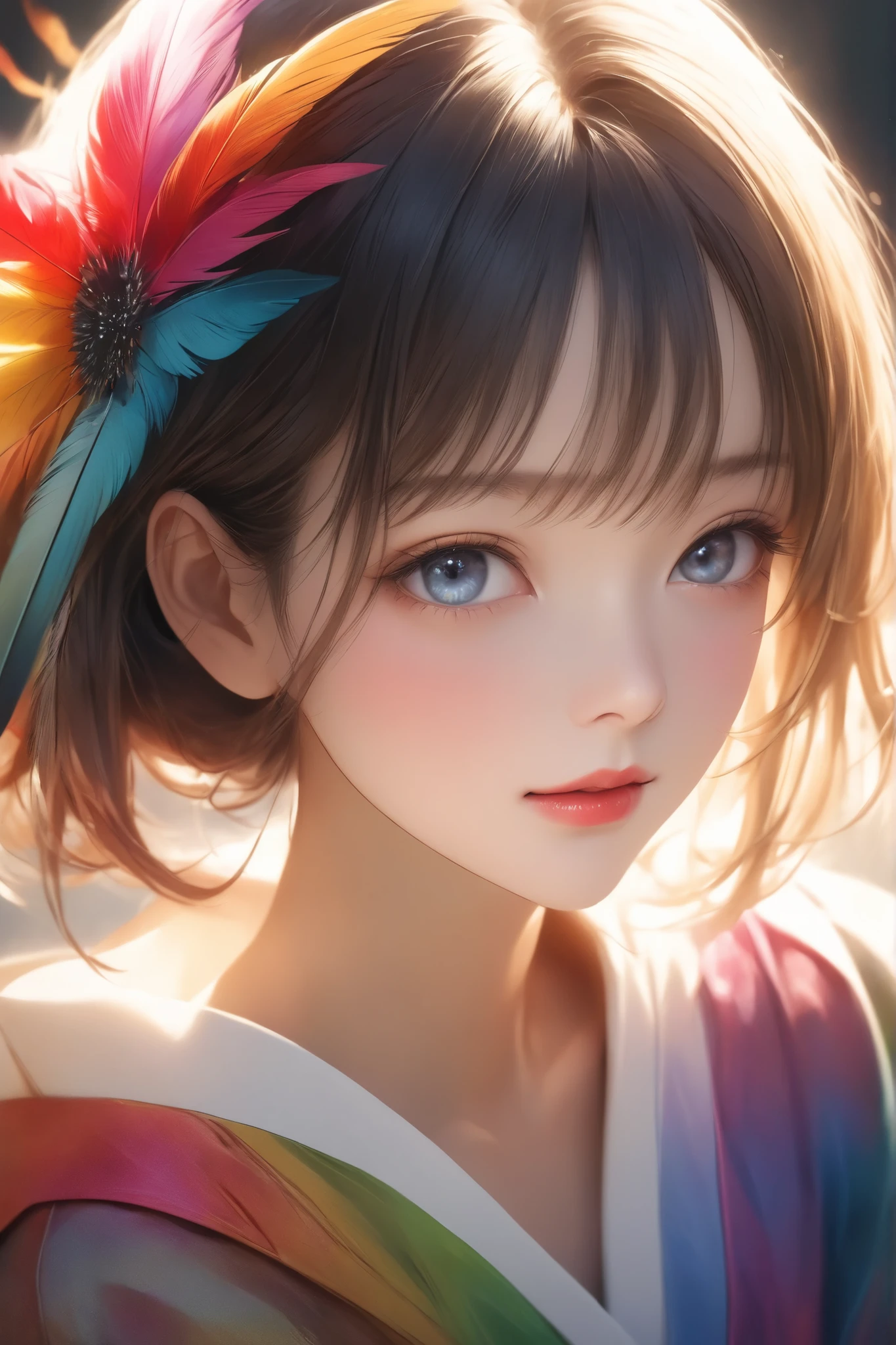 an adult woman, solo, wearing colorful, attractive posing, staring at you, clear eyes, detailed face, soft and smooth fine hair,
soft and firm skin, beautiful legs,
holding a fan with feathers with her hand,
detailed portrait of a young adult female with striking facial features,
vibrant and dynamic outfit,
alluring gaze directly at camera,
dramatic lighting, cinematic composition,
warm color palette,
photorealistic, highly detailed, 8K, professional quality