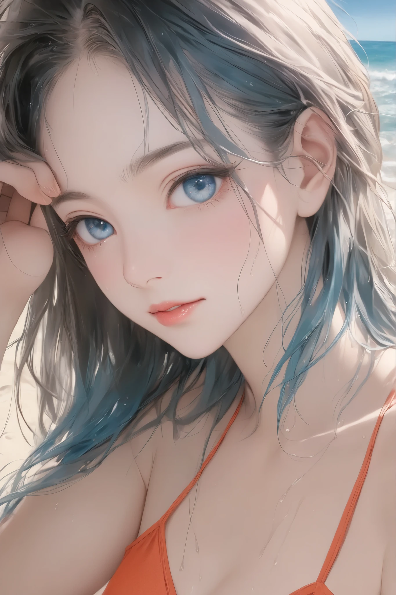 1 adult woman in a  with wet hair, (An Aesthetic Masterpiece of Wet Hair, top quality:1.2)、solo、ARW、Three-dimensional impression of wet hair、Adult vibe with wet hair、Adult softness, High-resolution realistic photos、HDR、UHD、Studio Lighting、Extreme Details、professional、Vivid Colors、Bokeh, 
Midsummer Beach Background, Aesthetically highlight the subject, 
Soft Realistic, Fascinating Detailed Resolution, amazing quality, 