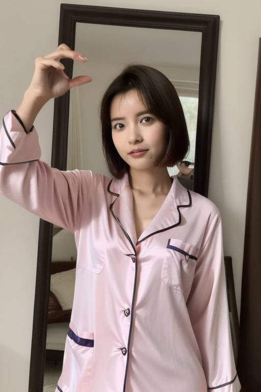 Completely naked(Lift up your white shirt to reveal your chest:1.4)beautiful201 year old woman, , (reality: 1.4), Smartphone image quality, Japanese, Asian Beauty,Double Eyes、 46 point diagonal bangs , beautiful肌、Medium chest、(Selfie:1.2),On the bed、(nsfw:1.4)、Put your chest close、Boyish Short Hair、Slightly blurry image quality、