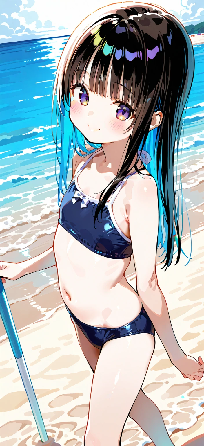 (masterpiece), best quality, 8k,(neuro-sama),(flat chest),fullbody,frilly bikini skirt, blue bikini,frilly bikini top,standing straight,beach,smiling,1girl,facing viewer,neuro_sama