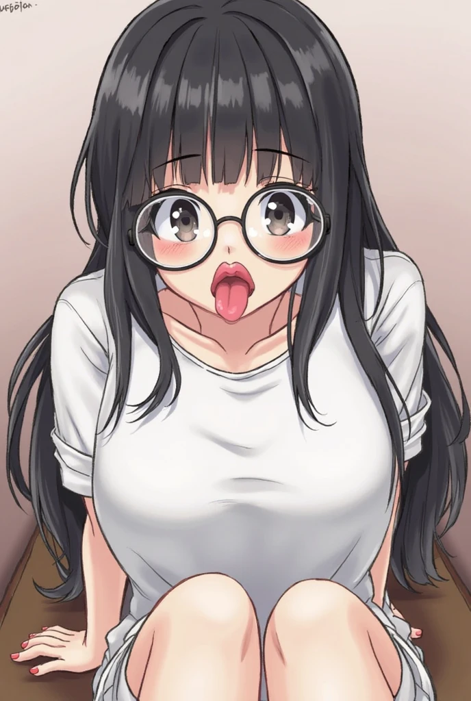 ultra-detailliert, Best Quality, hight resolution, moe-anime, ((A cute girl with black hair and droopy eyes wears round glasses.)), Pretty eyes, Detailed eye depiction, Eye sparkle, Looking at Viewer, pale skin, (((Petite))), (big eye:1.4), a smile, Focus on the face, In the park where cherry blossoms dance, On all fours, (super close up of tongue), (((from above))), open mouth, (((face only:1.3))), ((See-through white T-shirt)), nsfw, saliva, Nipples are see-through, Denim shorts