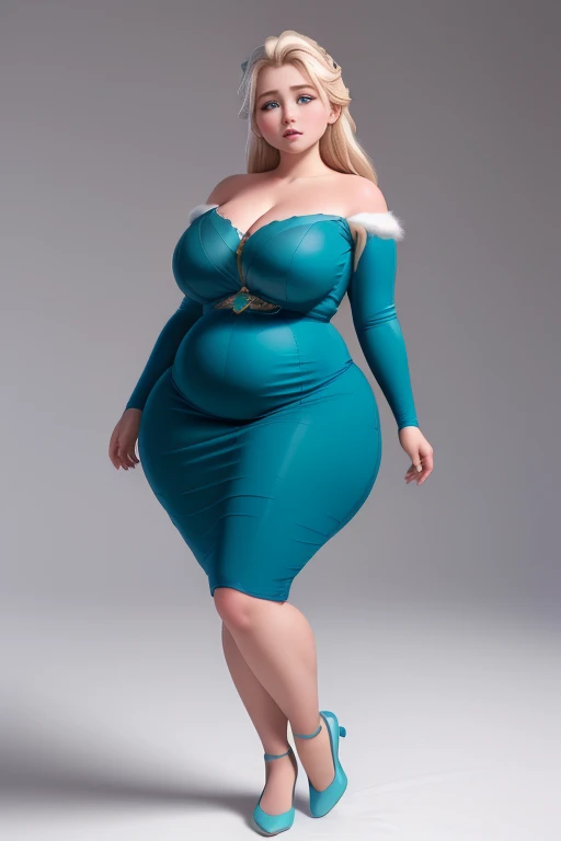 masterpiece, (photorealistic), (8k wallpaper) , (best quality), perfect quality, solo, (detailed eyes:0.9), girl, blonde hair, Elsa, very beautiful, young, standing, face : ( very beautiful face, cute face, round face, young ) , figure: ( very full body, very thicc, very plump, very soft, very curvy, sexy, sexy pose, fat rolls, belly rolls, very chubby, very chubby belly, navel, love handles, muffin top, big deep navel, fat thighs, thunder thighs, fed up) , clothes : ( teal tight dress, tipped dress)