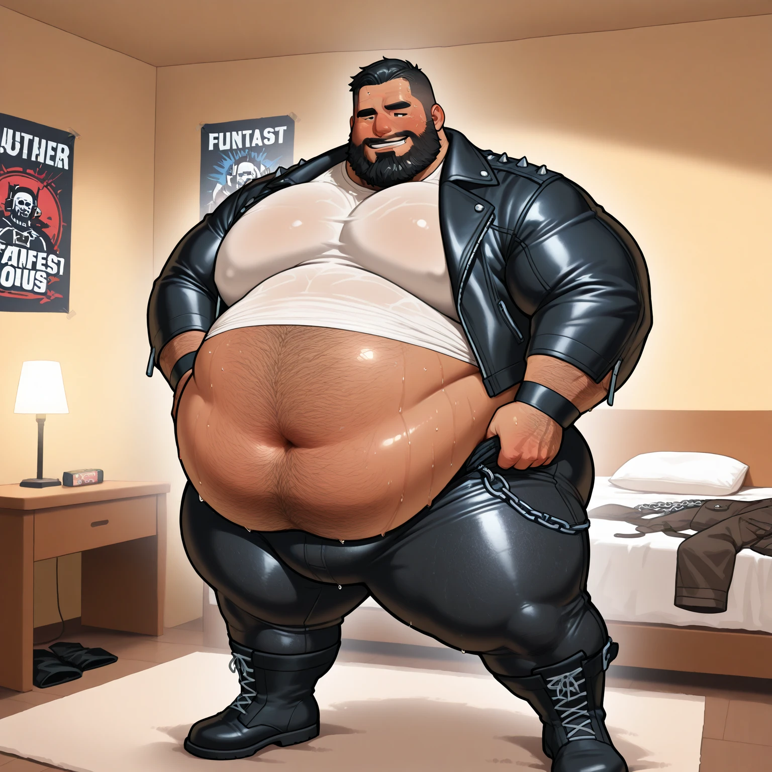(handsome mature man plump chubby morbid extremely thick thighs bulging belly fat), older man, gray hair, white man, ( wearing,boots,stubble,police chief,bage,beard,old man,indoors,necktie,sitting,spread legs,), bulge, detailed glade on clothing, (fat and corpulent: 1.3), full beard very long, looking at the viewer, handsome man, detailed eyes, symmetrical face, mischievous smile, robust, mustache, longer hair, his body is lying sideways on the floor, front view. Conceptual art hyper detailed dynamic image.