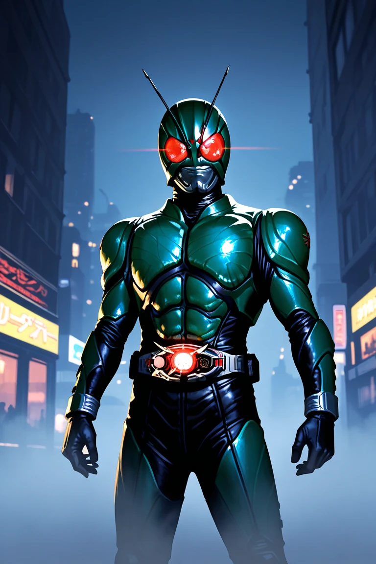 (8k),(masterpiece),(Japanese),(8-year-old boy),((innocent look)),((Childish)),From the front,smile,cute,Innocent,Kind eyes,Flat chest,green helmet,green domino mask,white mask,The Incredible Hulk, short,Black Hair,Strong wind,night,dark, Neon light cyberpunk city,Kamen rider, Flash90s