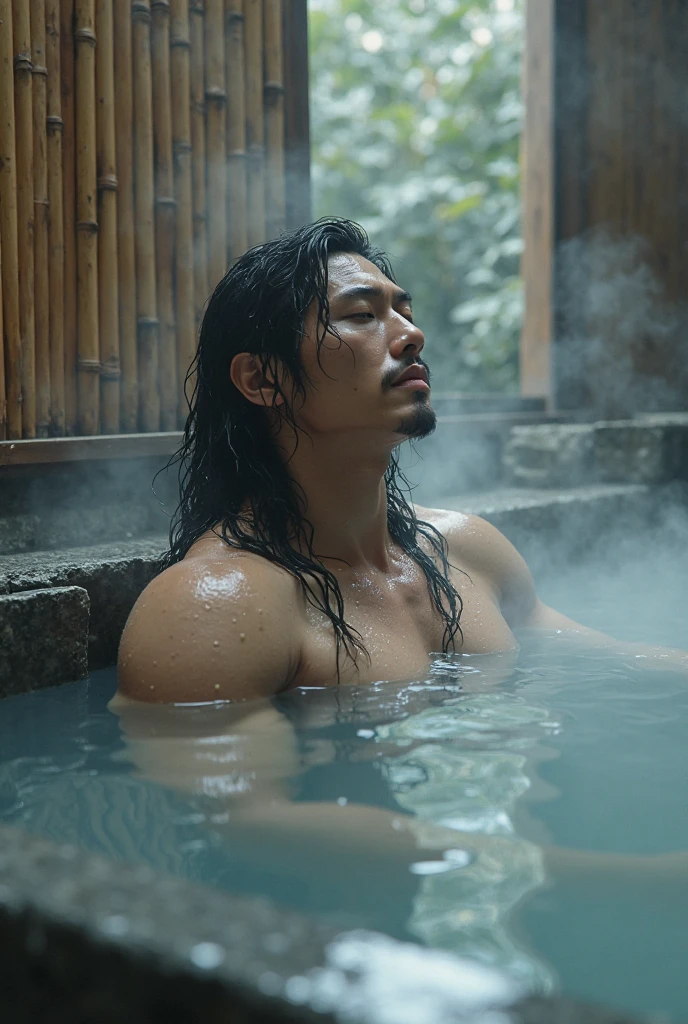 A 40-year-old Japanese former rugby player is taking a bath and jerking off stocky chubby thick very short beard very short hair