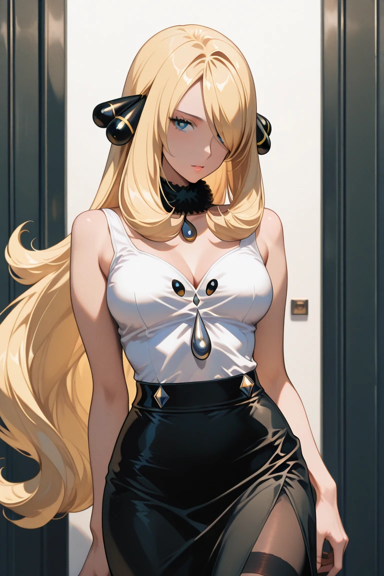 Hermosa chica rubia con pelo largo y ondulado con una coleta. Muy sexy con tetas muy pero que muy grandes, enormes y solo con una camisa blanca abierta y con un tanga tiro de vaquero. vista frontal. fondo de habitacion