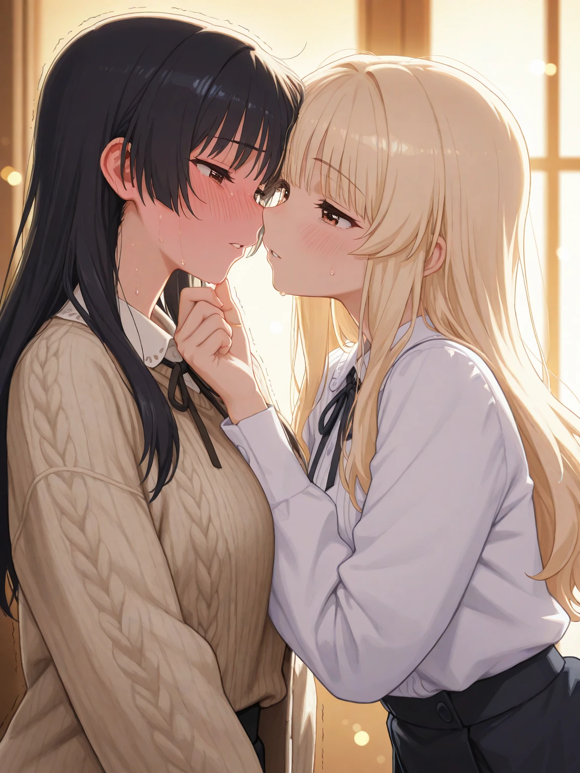 detailed illustration, dynamic angle, ultra-detailed, illustration, 2girls, 18 year old, school girl, [wavy long blonde hair, long hair, bright grey eyes], hearts, white shirt, light blue plaid skirt, cleavage, flush, blush, arousal, school classroom, smiling, lesbian kiss, hugging, holding, touching, [straight long black hair, closed eyes, wincing]
