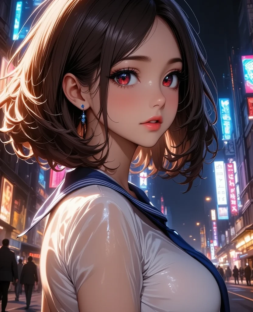 Best quality, realistic, night city, neon lights, backlit, upper body, focus on lips, (1 adult female), small breasts, short hair, shiny red lips, closed mouth, sexy pose, blue topaz eyes, slanted eyes, smiling face, cleavage,