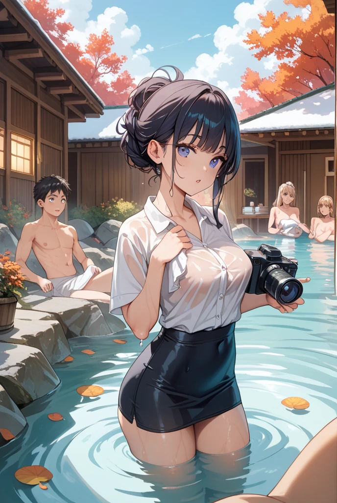 Highest quality,masterpiece,Popular actresses in their 20s,smile,Completely naked,Nipples,Dark hair color,A good friend,She shows off her body to her male idol co-star,filming a tv show,During a break,Hot spring location shooting