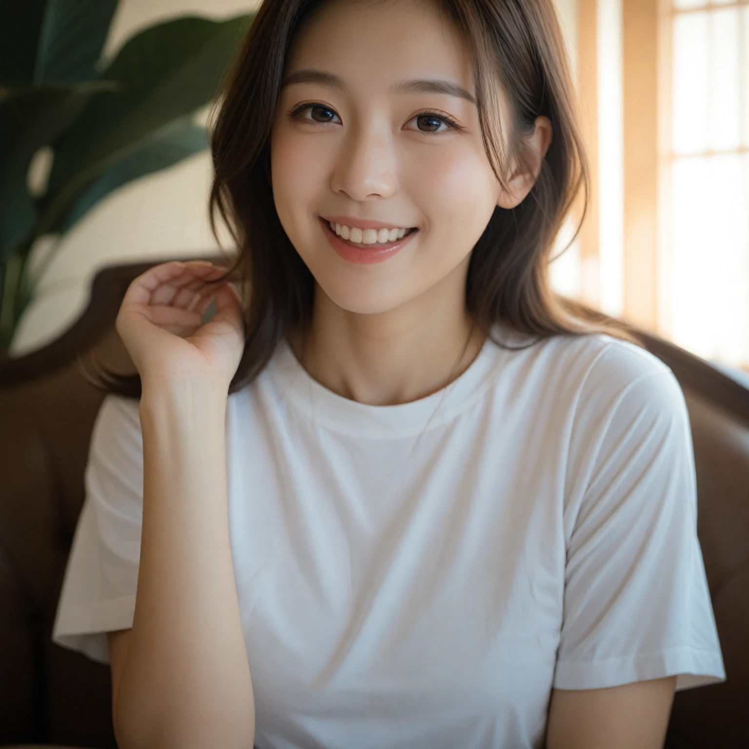 ((Best image quality, 8k, masterpiece:1.3)), A Japanese 20-year-old girl, Beautiful woman with slim abs:1.3, (Casual Hairstyles, Leaking big boobs:1.2), White t-shirt and denim shorts,Extra Large,Ultra-fine small face, Detailed eyes, double eyelid,smile,Cafe,Very bad shape,Small waist,Super big breasts,close,close chest,White skin,Casual background,close Shot Shot、Idol