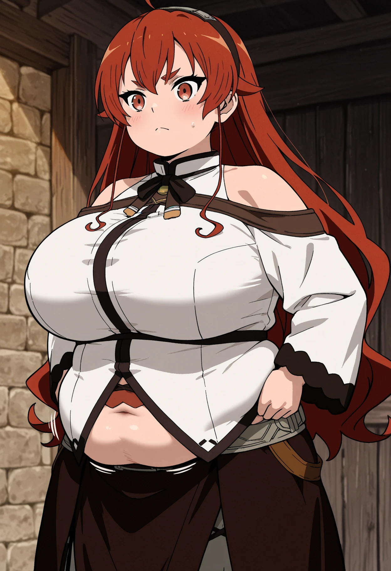 Raphtalia, huge, fat, ears, brown and red clothes, clothes's neck, obese, ears and tail