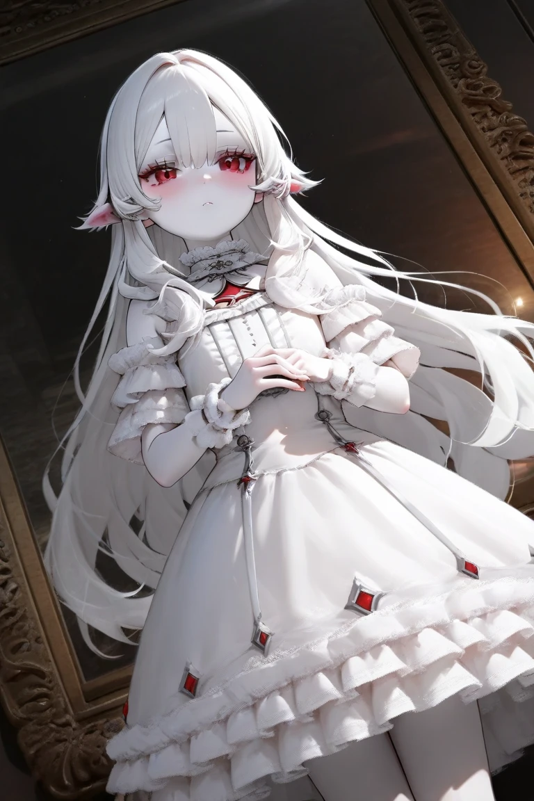 masterpiece, best_quality, 1girl, solo, pram \(phantom kingdom\), phantom kingdom, red eyes, black sclera, white wings, bat wings, pointy ears, horns, albino, white dress, bubble skirt, wrist cuffs, chain