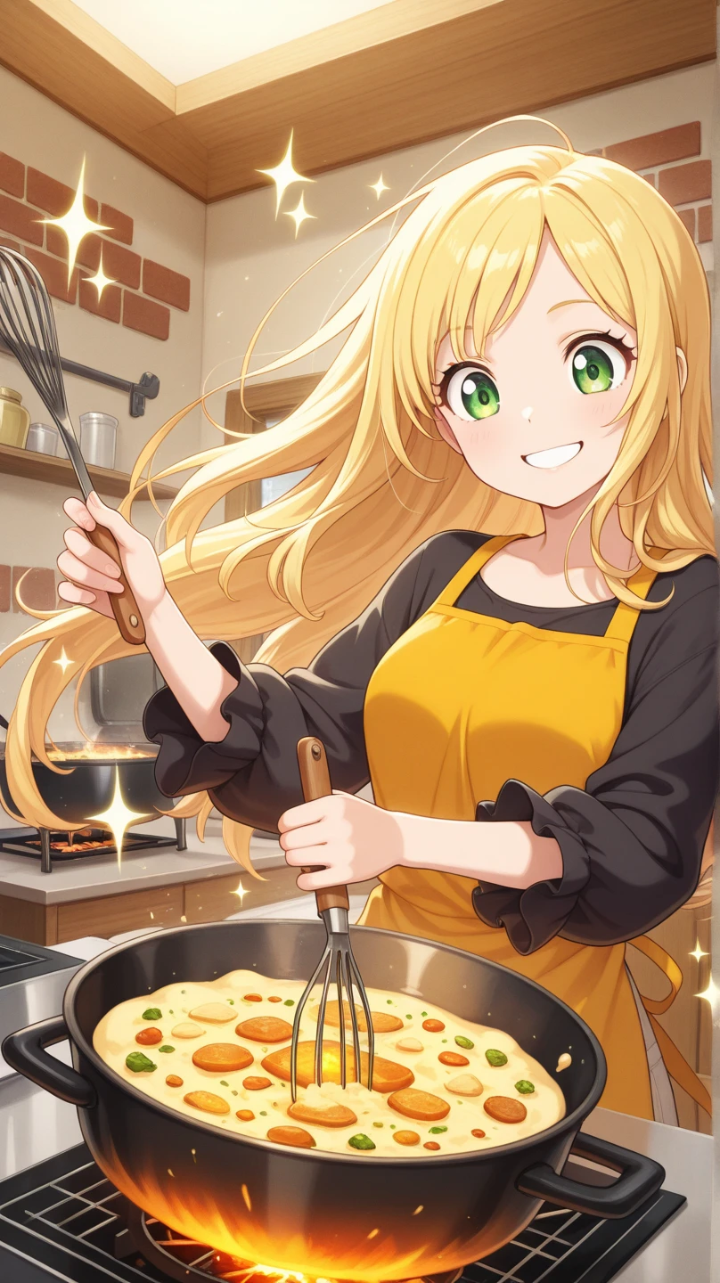 wide々and kitchen room,Ruffled apron,Luxurious clothes with a wide open chest,Wavy blonde,yellow-green eyes,red tide,Stick your finger into the white liquid,Look up and smile shyly,Whisk,Bowl with white liquid,Colorful iced cookies,Cookie Man,AHE Face,SEX,White liquid on the chest,