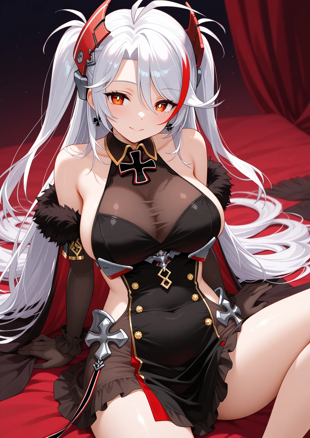Perfect human body,1 girl, crimson princess,(very highly detailed background、palaces,a throne), Gorgeous lolita dresow knot,semi transparent,(white stockings),((woman with fever)), ((perspiring,steamy,college aged))), Colossal tits,((The expression of color)), (Blushlush:1.2), golem,