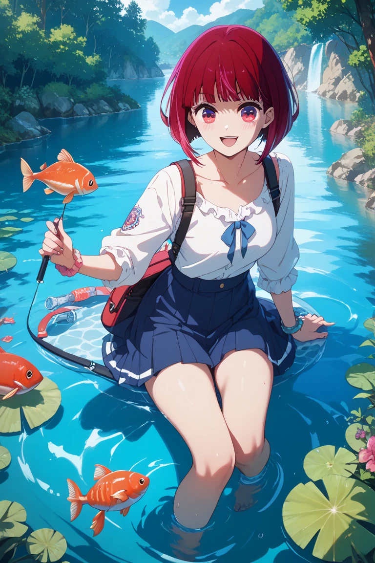 Beautiful girls,15 years old,smile, red hair, blue eyes, ponytail, Sitting and playing water in mini boat, swimming white costume,beautiful elf girl, baby face,
