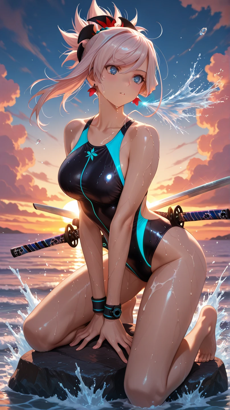 (masterpiece), (Highest quality), (High resolution, High Resolution), (Super detailed), ((ichinose honami:1.2)), 1girl, ((Dark pink silver hair)), ((A slightly longer side ponytail)), Loosely swayed bangs, ((Dark pink hair with dark blue mesh)), multicolored hair, (Purple eyes:1.2), Detailed pupil, Earrings, Earrings, ((Detailed face)), (very cute expression), (A sloppy smile:1.2), Open your mouth wide and grin mischievously, ((white spider suits)), (wearing only a spider suits), ((White Spider Suit)), Wet with sweat, (tan skin:1.2),A lively 15-year-old gal, B86, W58,H85, Model Body Type, Very beautiful proportions, Gravure model photography, Depth of written boundary, (Perfect Anatomy),armpits, (Show your armpits), Tempting, (Heart effect:1.3), absurdes, (Vulva Shape), Close-up, (High neck), (Bare shoulders), (Sleeveless), nicebeach, The subject is surrounded by sea and sky, ((Beautiful ocean with the setting sun reflected on the waves)), (Walking on seawater), (horizon), (reflection), All around is sea and sky, (An anime girl walking with a Japanese sword and skin-tight white spider suits against a background of a beautiful sea and magic circle), (magic circle), Kantai Collection Style, Female Action Anime Girl, Girls Frontline Style, From Girls Frontline, Anime full body illustration, Official character art, Female Anime Characters, azur lane style, From Arknights, ( ( Character Concept Art ) ), Hajime Yatate, Best Anime Character Design, Pink-haired goddess, Japanese sword, Two-Way, leotard, (Maintain the subject's head-to-body ratio and screen ratio),