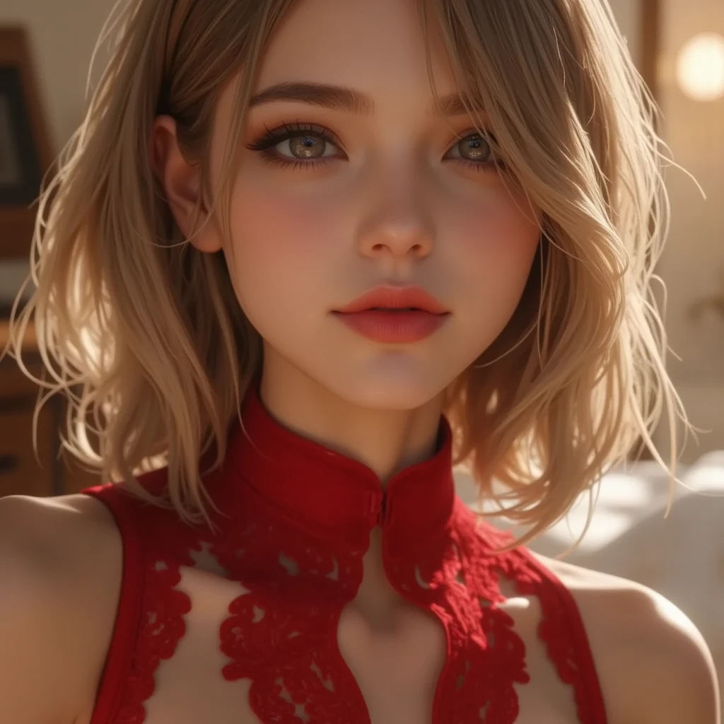 (best quality, 8k, highres, photorealistic:2.0), (solo, one girl:2.0),(lighting: front),(lighting: strong),(Russian Beauty:2.0),(platinum blonde hair:1.5),Blush brown makeup , dark eye makeup , use pink glossy lipstick,(Wearing a red dress),(Clothing that emphasizes cleavage),((big breasts)),((kissing her finger:1.3)),(girl kissing her finger:1.3),(put finger in mouth),open mouth and stick out  tongue