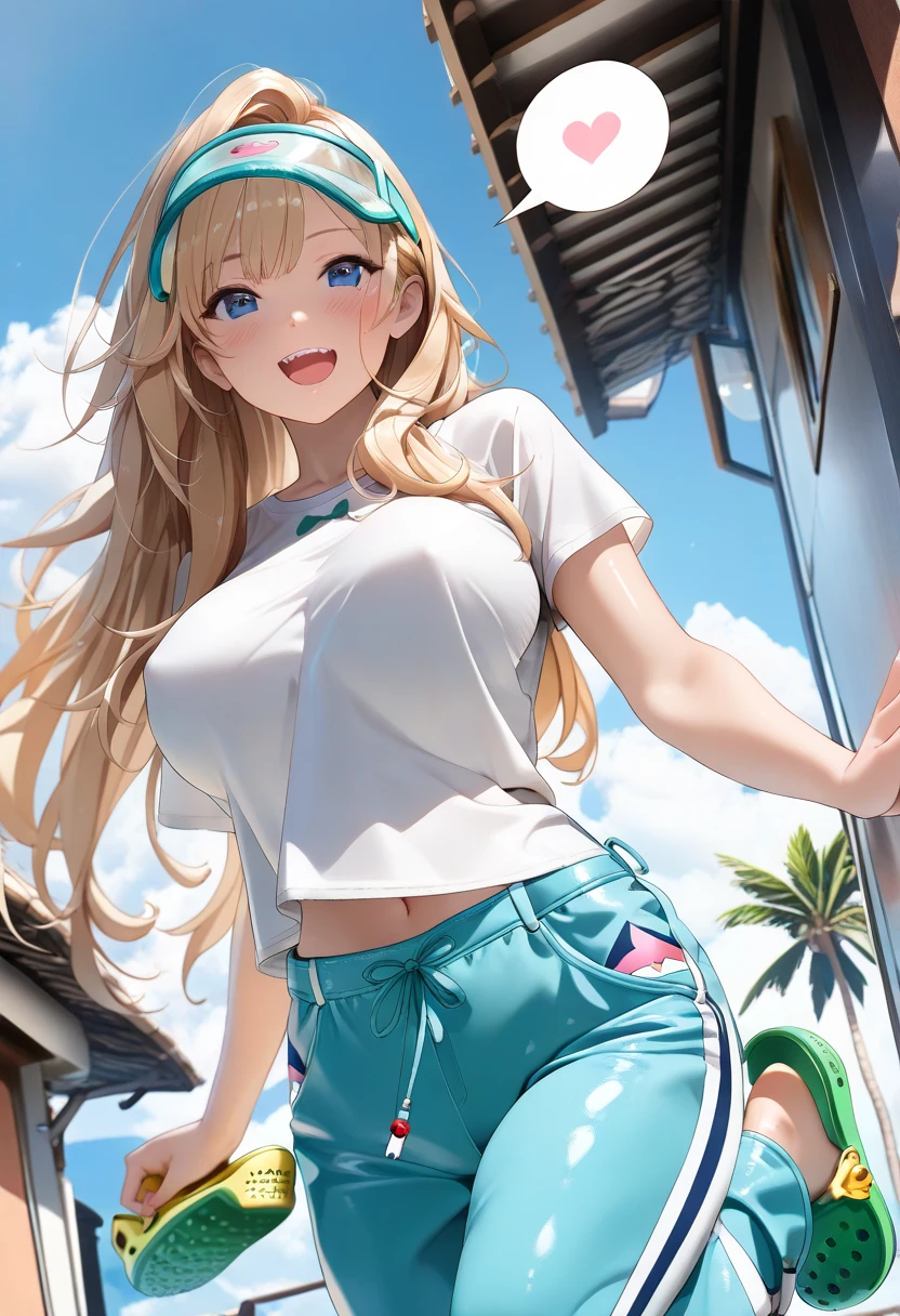 (Masterpiece, best quality , more details, 8k, 4K, hi res, ridiculous :1.3), ( Detailed Textured Lighting , detail surface lighting for viewers ), [  pastel color ] [ Calm Colors ] [ Anime Screen Cap ] [ photorealistic] A 3D character model,perfect proportions, beautiful body,(short-dolphin pants:1.4),(croped shirts:1.4),(crocs sandal:1.3),((Blonde:1.3) long hair:1.4),blue eyes,large breasts,((shiny skin)), elect nipples,covered nipples,body,(thigh),(summer night sky:1.5,outdoor),cute shark sun visor,(smile face,open mouth:1.4,blush),,(spoken heart),(from below:1.3)