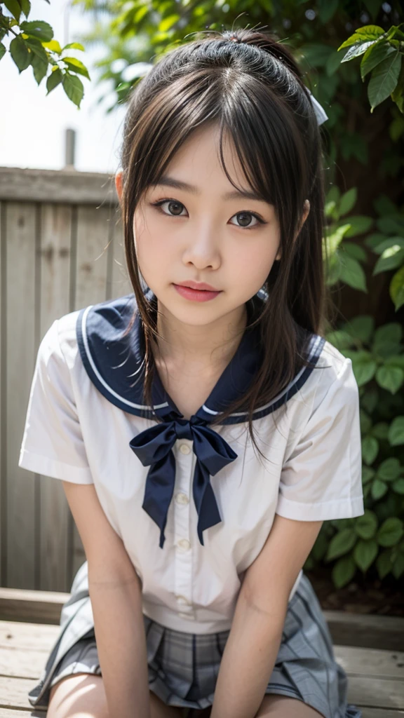 adorable, 1 girl, 10 years old, baby face, shy, full body portrait, (face details: 1), (eye details: 1), ((medium breasts, cleavage)). (white long-sleeved sailor uniform, black skirt: 1.2). Cute posed. proportional body. Ultra High Res. realistic: 1.4, UHD